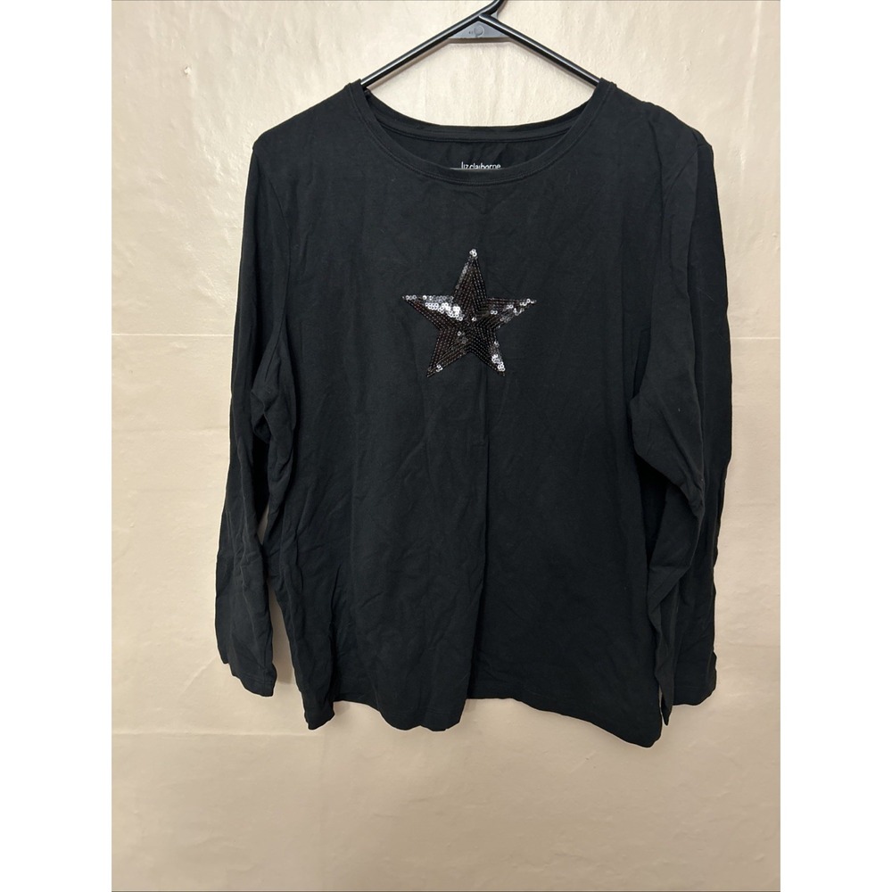 liz claiborne 1x black long‎ sleeve T Shirt Top With Sequin Star Detail